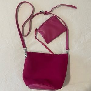 Pink suede bucket purse with attached coin purse